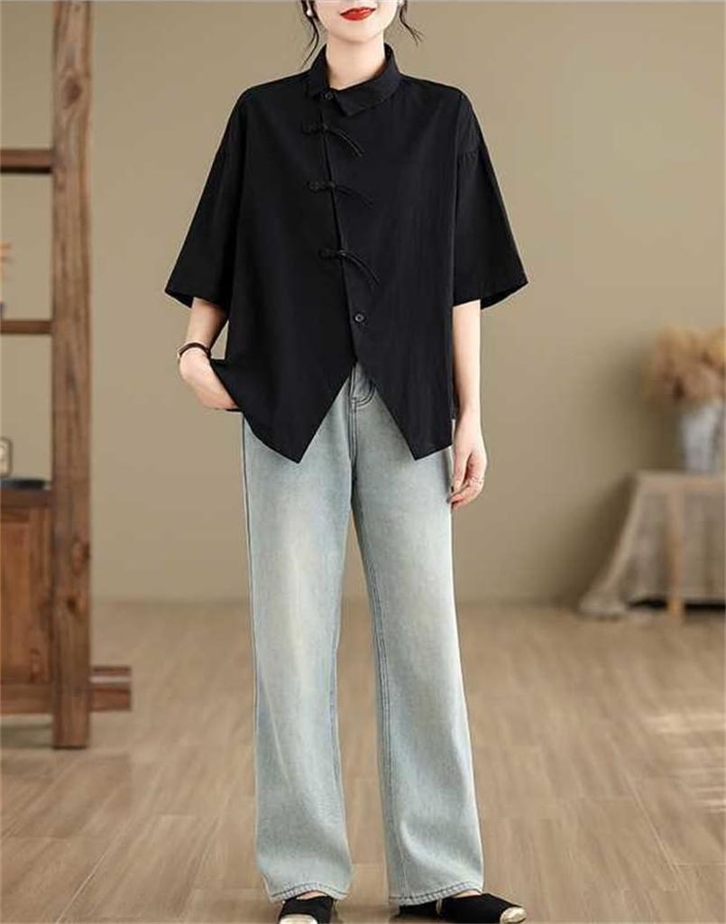 Short Chinese Summer Short Chinese Shirt Chinese Body Summer [Moufokyou] Women's Shirt, Sleeve, Button, Top, Sleeve, Style, Blouse, Commuting, Casual,