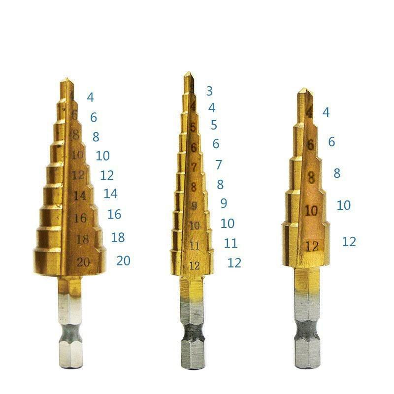3PCS/set 3-12mm 4-12mm 4-20mm HSS Straight Groove Step Drill Bit Titanium Coated Wood Metal Hole Cutter Core Drilling Tools Set with Cloth Bag