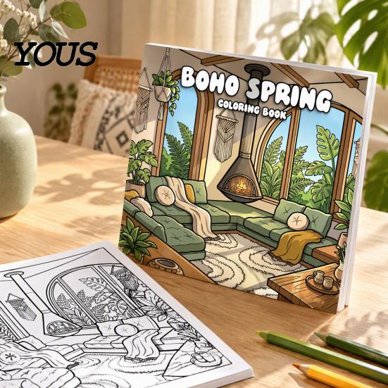 Adult Coloring Book for Stress Relief Boho Spring Book, Relaxation Line Art Patterns, Supplies Adults Creative Portable Home or Travel Use Calming
