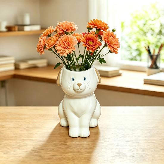Cute Pet Shaped Flower Vase, Decorative Small Cat/Dog Resin Vase for Living Room, Bookshelf, Dining Table, Kitchen Decor