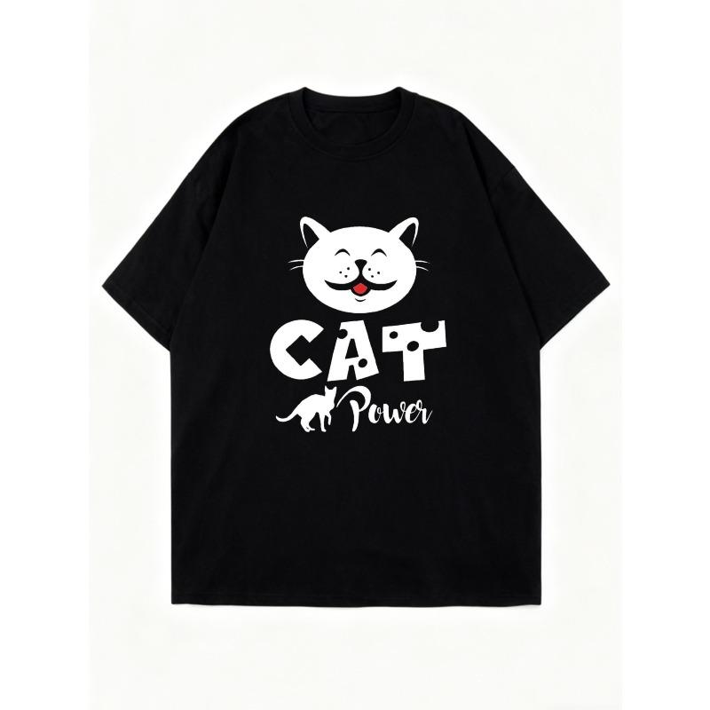 Oversized T Shirt Black Cat Face And Cat Power Text Print Casual Wear For Women Summer Outfit Streetwear Style