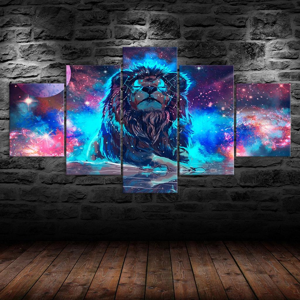 Abstract Lion Mystical Animal Glowing Cosmic Scenery 5 Piece Five Panel Wall Canvas Print Modern Art Poster Home Decor Gift For Him For Her