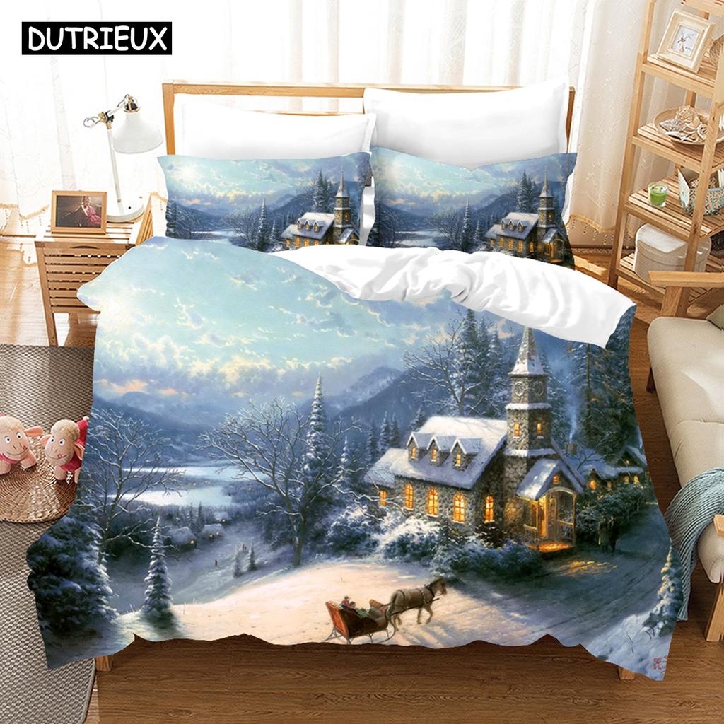 Fantasy Oil Painting Bedding Set House Bridge Scenery Duvet Cover Set Bedroom Bed Bedclothes Decor Luxury Gift Queen King Size