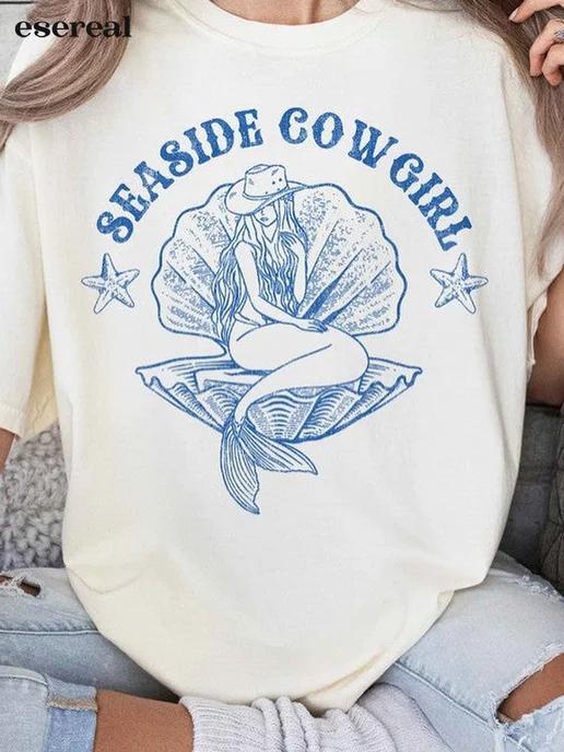 Oversized Pinterest-style print T-shirt (Seaside Cowgirl) S