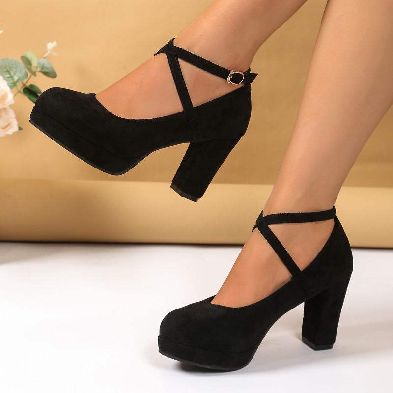 High Heeled Single Shoes Summer New Round Toe Shallow Mouth Suede Platform Slip Strap Anti-Slip Wear-Resistant High Heels