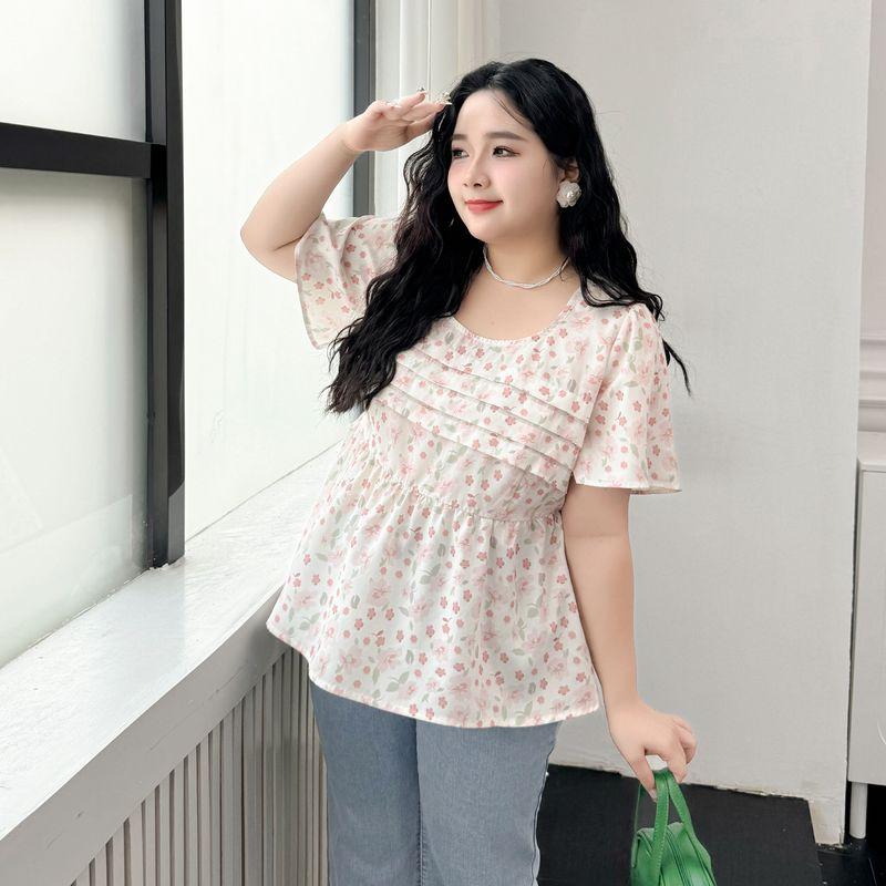 

Plus size women clothing [Unique Beautiful Shirt] Pastoral Floral Short sleeve Shirts Summer Chubby Girl Loose Slimming Top Pink small floral 7xl