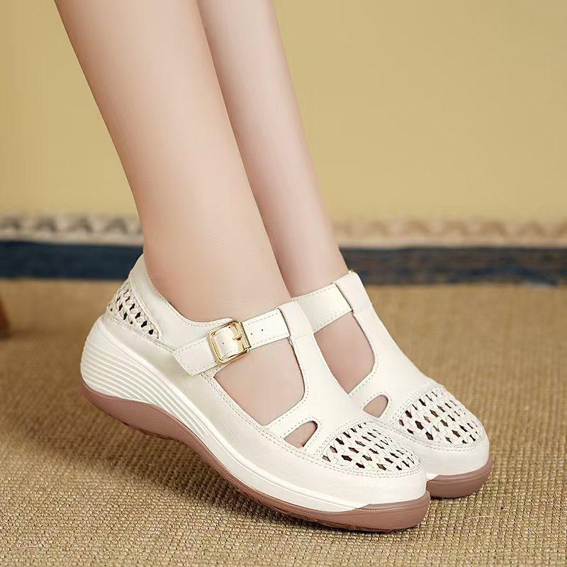 

White bag head soft leather sandals women s 2025 new summer woven hollow thick-soled wedge heel soft-soled women s casual shoes 40