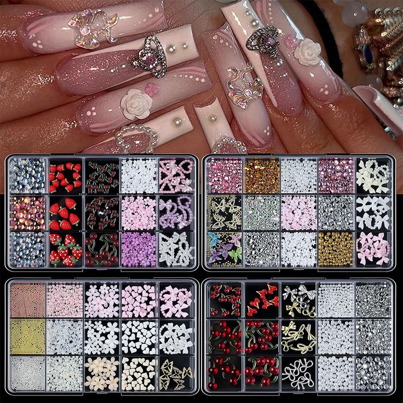 12/15 Grids/Box 3D Nail Art Decoration Kit With Resin Bowknot Pearls Heart & Assorted Shapes Kawaii Nail Charms Diy Manicure Art