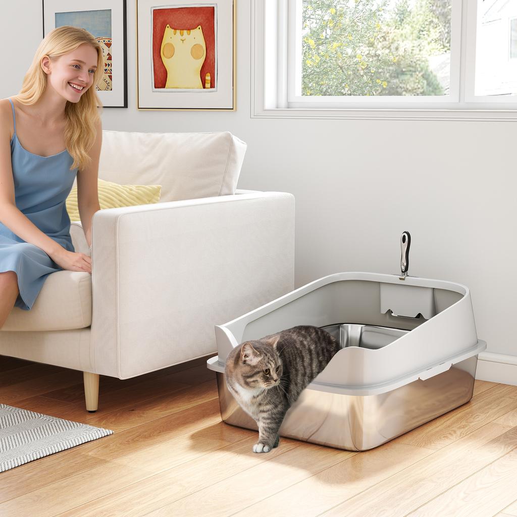 XXL Stainless Steel Cat Litter Box with High Sides, Metal Scoop, 70 x 50 x 30 cm