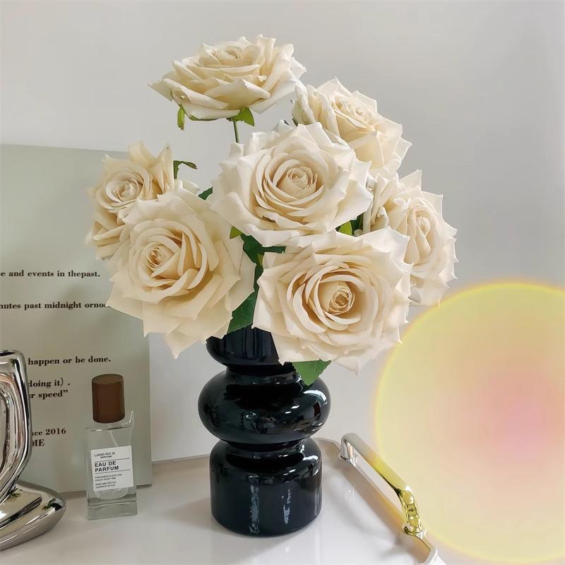 7-Head Embossed Cappuccino Rose Bouquet: Artificial Wedding Car Decoration with High-End Feel