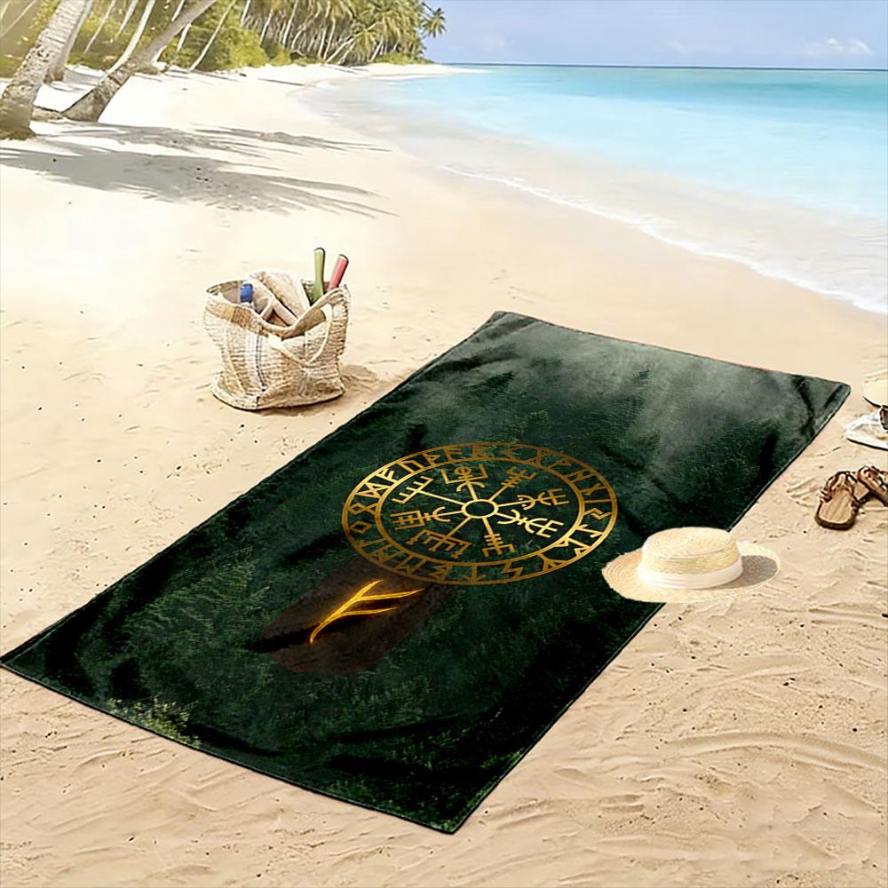 Golden Runic Compass Harmony Print Beach Towel, Quick Drying, Suitable for Travel, Outdoor Sports, Jogging, the Beach and Swimming, Gift