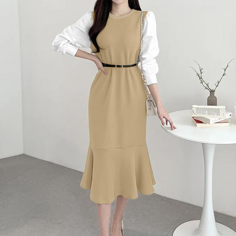 

ZANZEA Женское повседневное платье с круглым вырезом, пэчворк, длинным рукавом, свободного кроя 4XL хаки