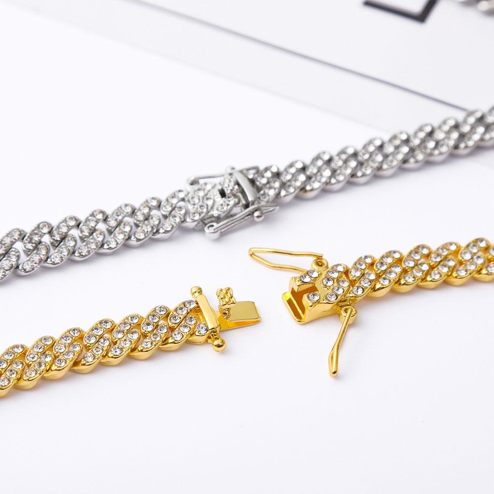 Hip Hop Men Women 9MM Prong Cuban Link Chain Necklace Bling Iced Out 2 Row Rhinestone Paved Miami Rhombus Cuban Necklace Jewelry