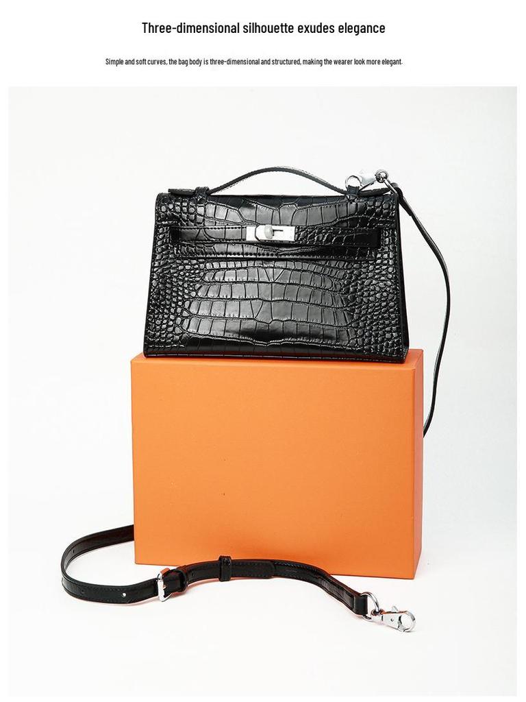 2025 Women's Genuine Leather Mini Handheld Bag - Crocodile Pattern Chain Shoulder Kelly Bag