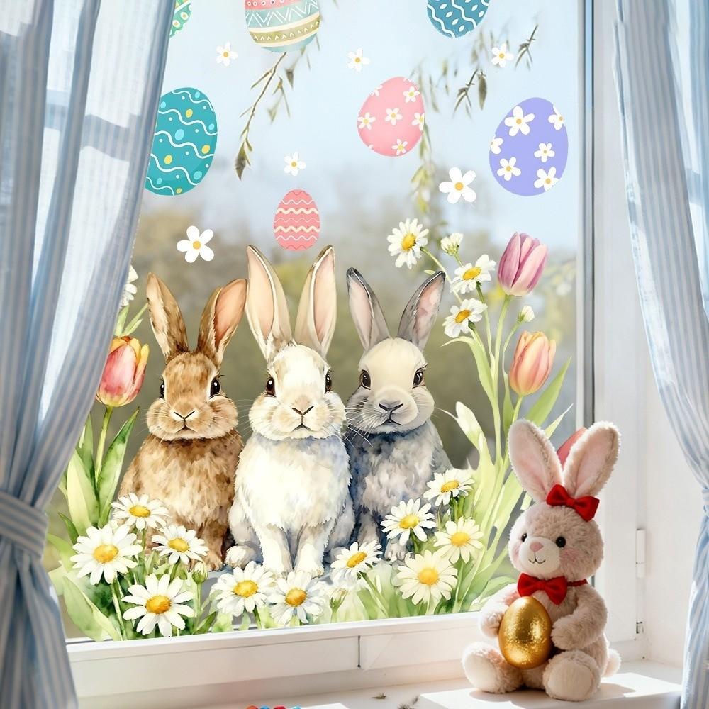 Easter Flower Rabbit Sticker PVC Festival Party Sticker New Wall Stickers  Window Decoration