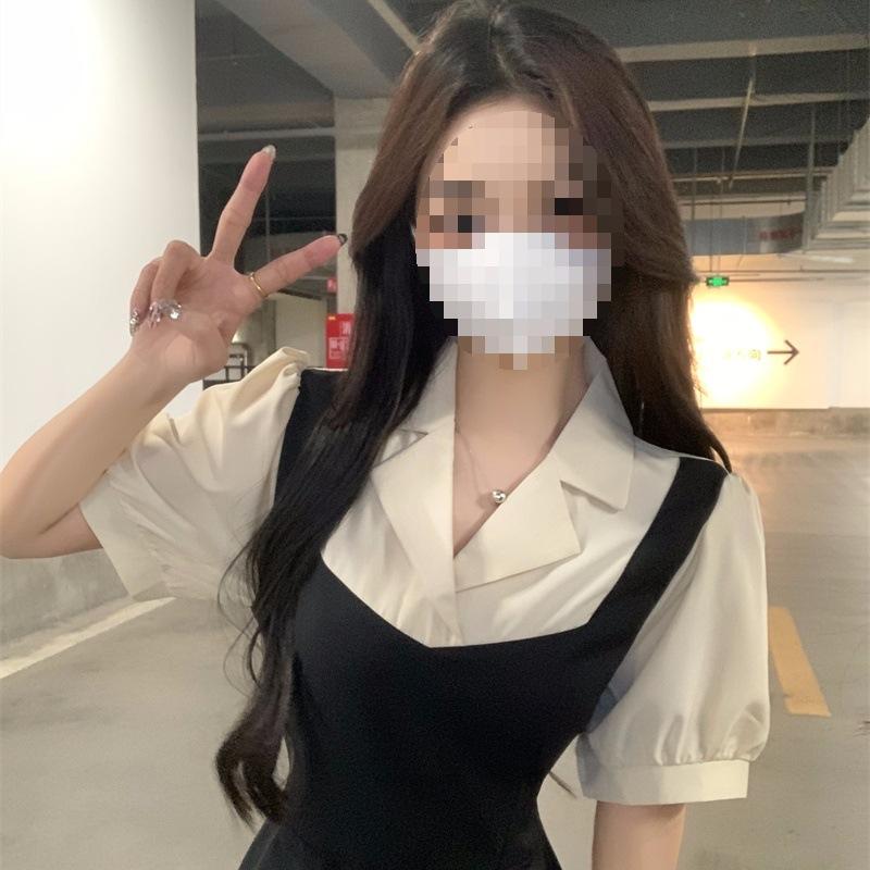 Temperament elegant style fake two-piece bubble sleeve dress female summer fat sister covering meat and showing thinness contrasting color A-shaped l