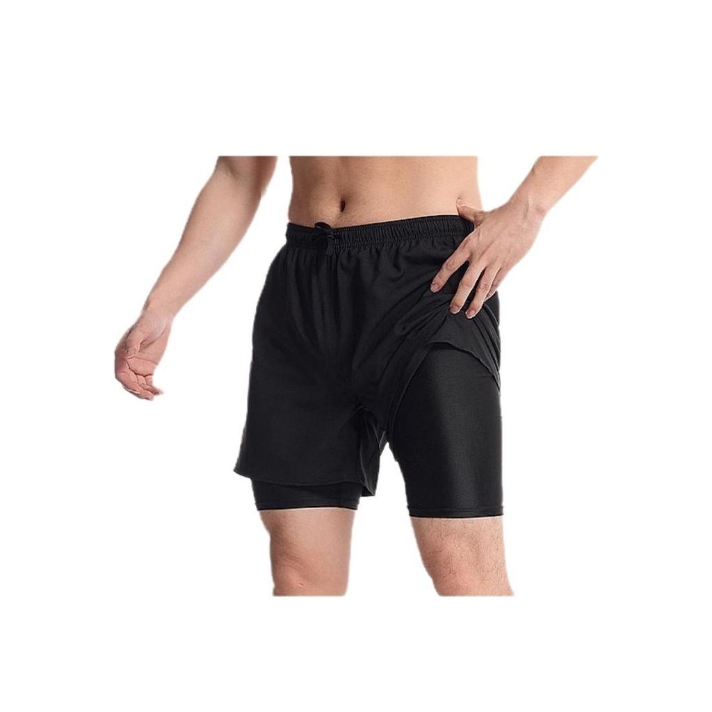 Li Ning Swimming Series Solid Color Lace-Up Faux Two-Piece Beach Shorts Men Shorts Black AKST873-2