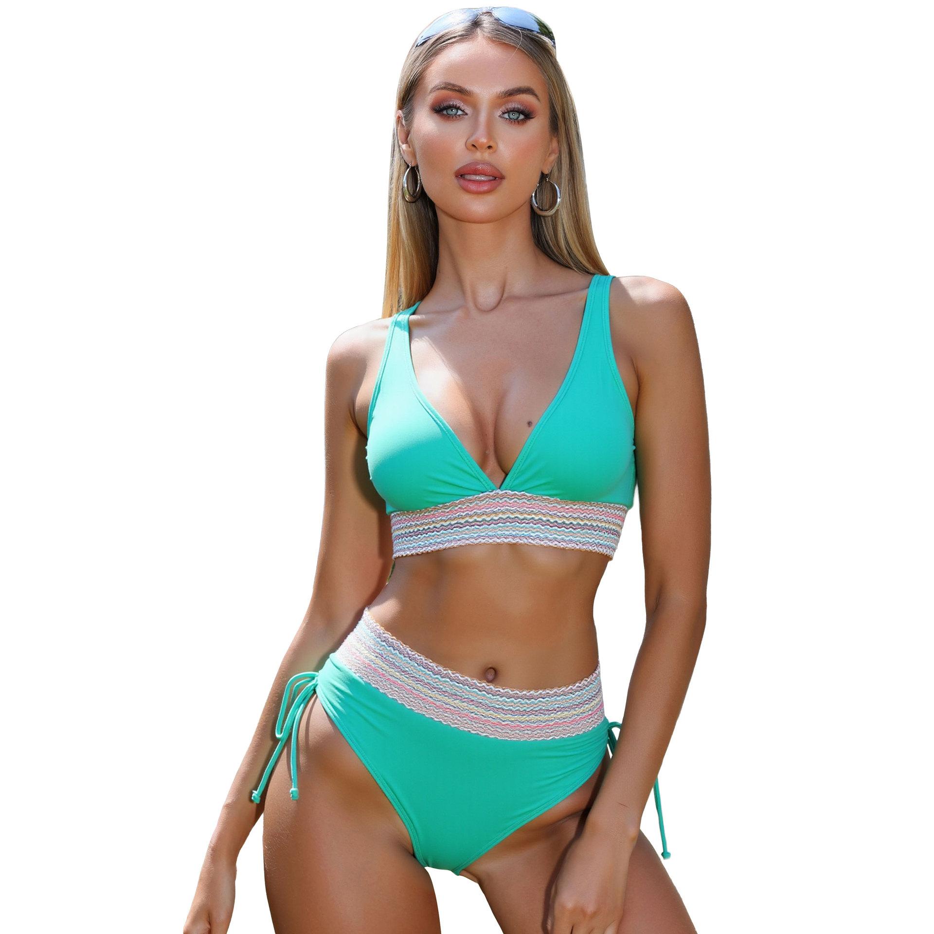 

New women s split swimsuit sexy bikini high waist belly hanging neck tight swimsuit XXXL бірюзовий
