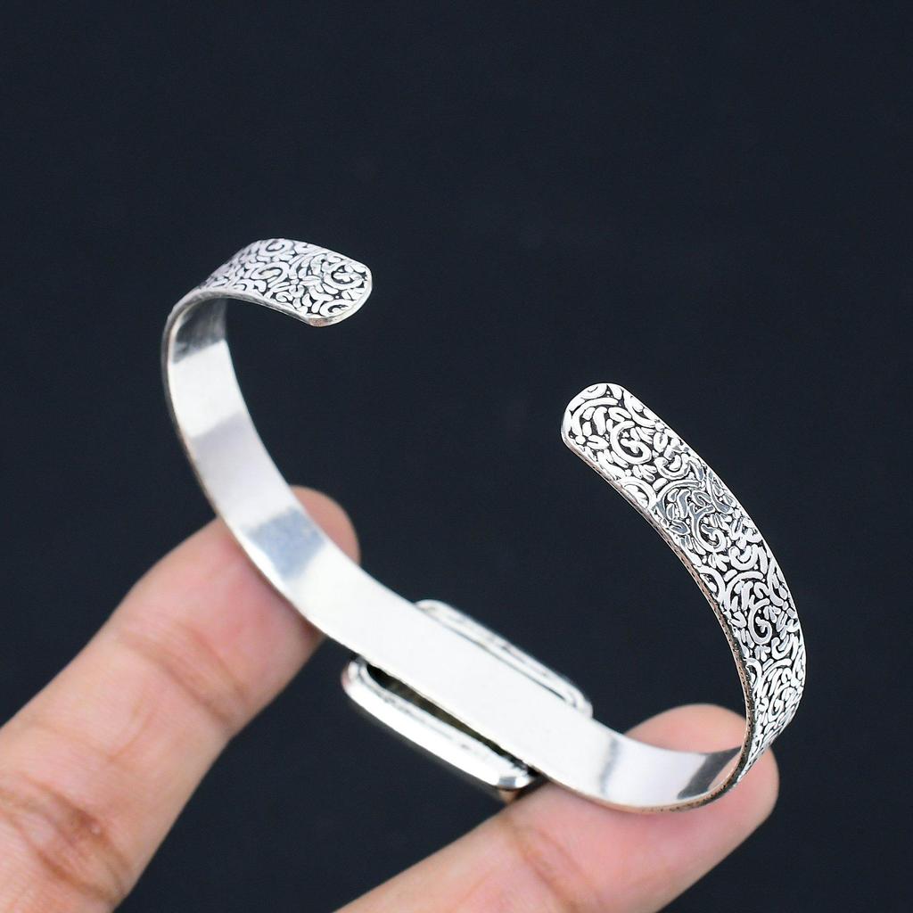 Natural Fossil Coral Gemstone Bangle Adjustable 925 Sterling Silver Jewelry