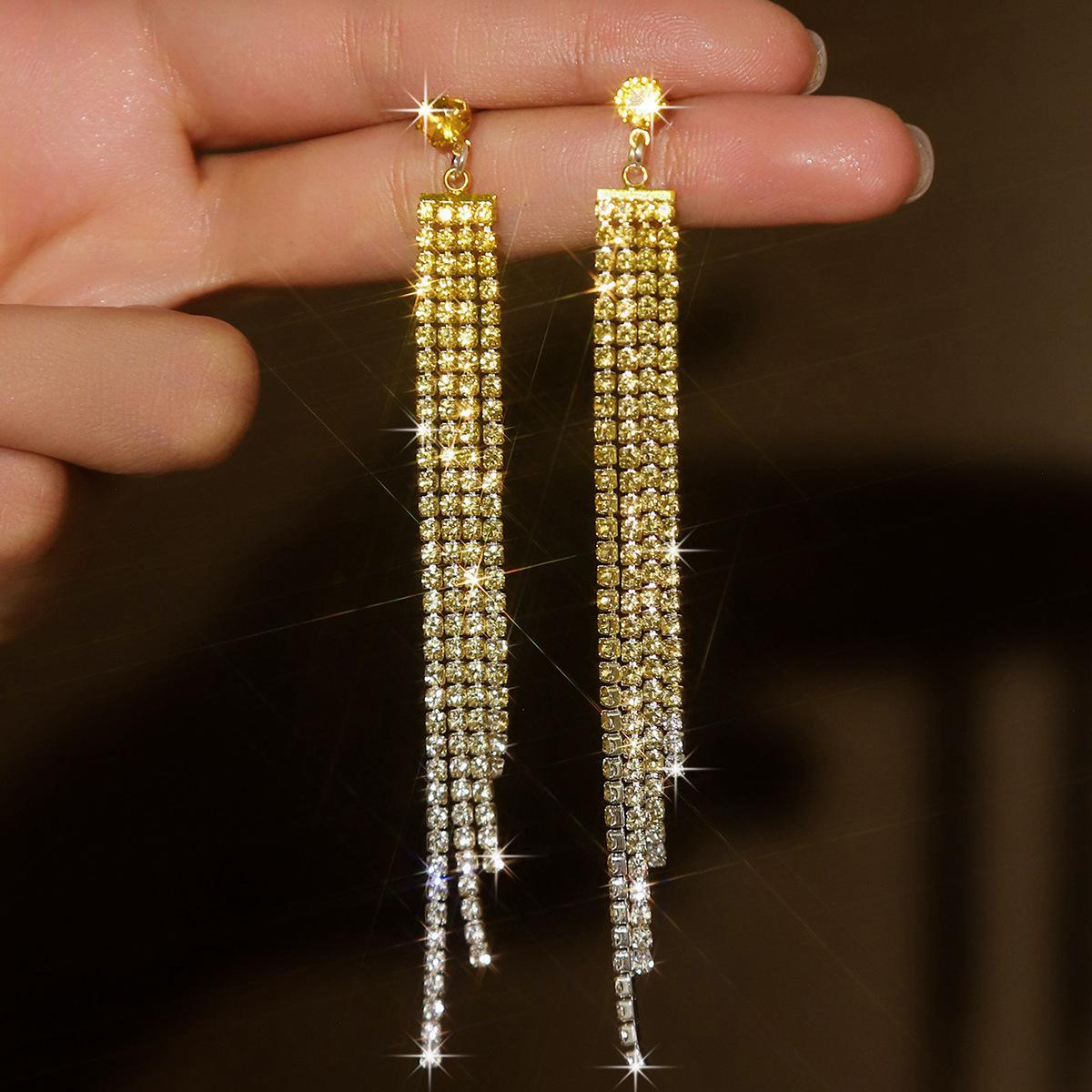 Модные Преувеличенные Серьги с Бахромой Полностью Усыпанные Алмазами, Длинные Серьги для Светской Львицы, Серьги, Подчеркивающие Лицо и Делающие Лицо Хуже