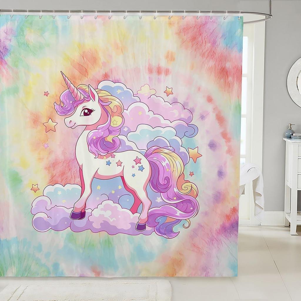 Sött Enhörning Duschdraperi Set Flickor Barn Pojkar Lila Enhörning Badrumsgardiner Kawaii Rumsinredning, Regnbåge Vattentätt Badrum
