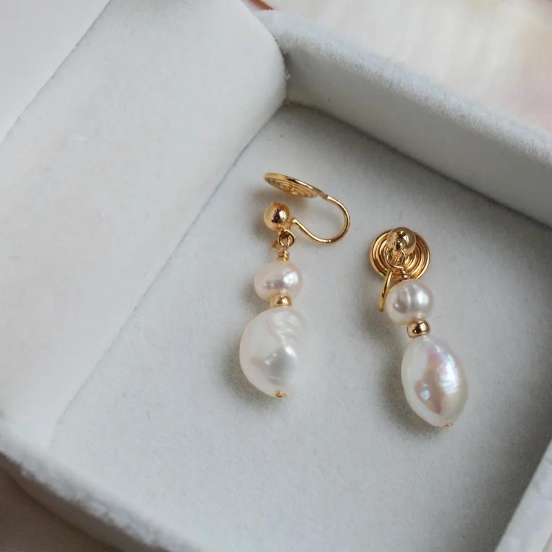 Women Gold Irregular Freshwater Pearl Drop Earrings Elegant French Long Dangle Statement Jewelry