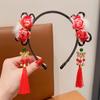Chinese Style Flower Tassel Headband Red New Year Headwear Cute Hanfu Wig Headband  Children