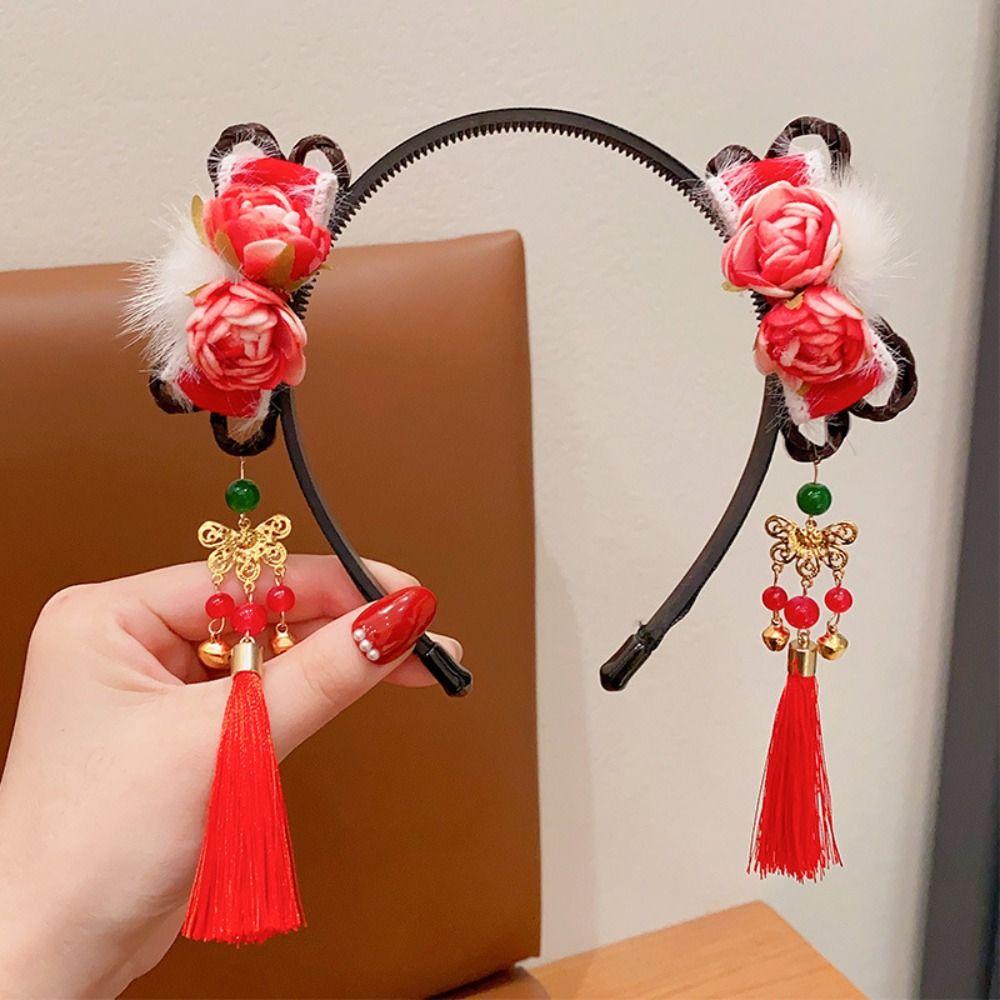 Chinese Style Flower Tassel Headband Red New Year Headwear Cute Hanfu Wig Headband  Children