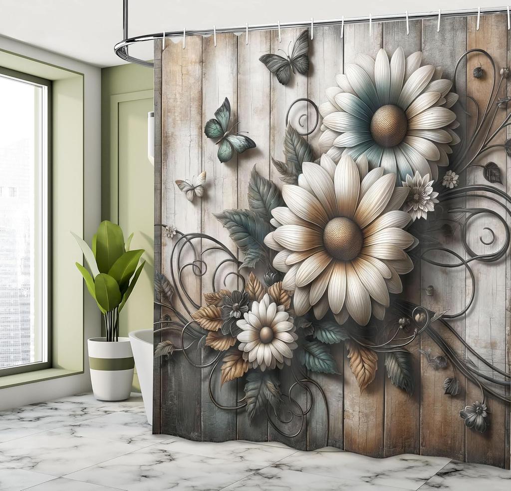 Vintage Shower Curtain, Rustic Farmhouse Design of Chamomiles with Butterfly and Curlicue Leaves, Cloth Fabric Bathroo