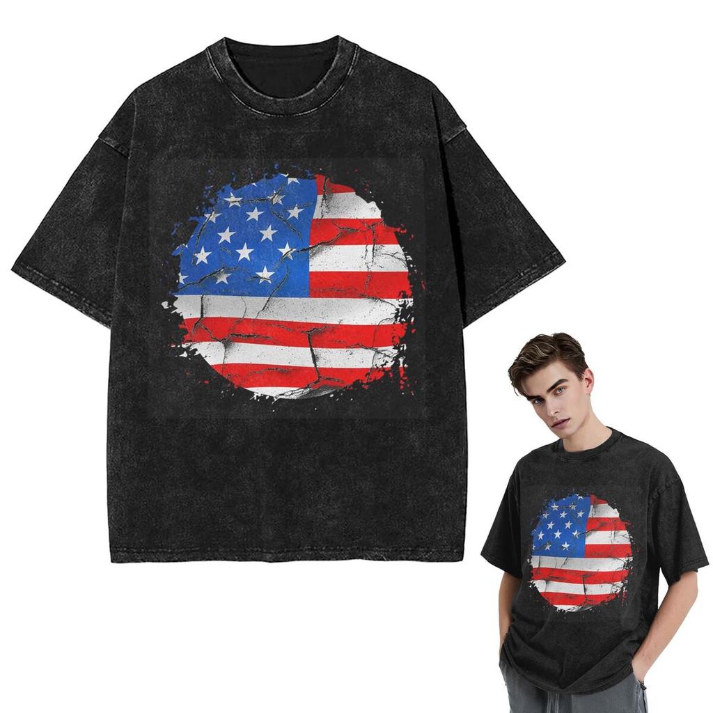Streetwear T-Shirts USA America American Flag Washed T Shirt Short Sleeve Hip Hop T-Shirt Tops Tees for Men Women