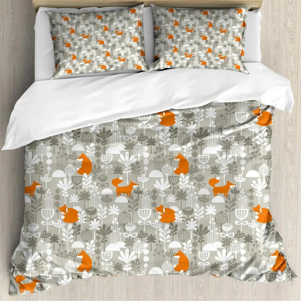 Cartoon Fox Duvet Set Cute Animal Print Bedding Three-Piece Set