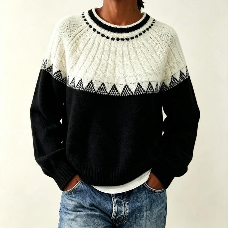 Womens Oversized Crewneck Knit Sweater With Colorblock Cable Jacquard Fall Winter Loose Fit