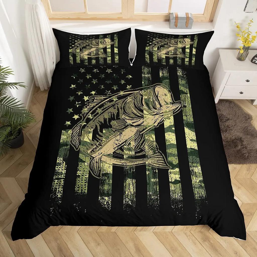 Pike Fish Bedding Striped Bass Big Pattern Hunting and Fishing Themed Duvet Cover for Kids Boys BedRoom Decorations for Teens