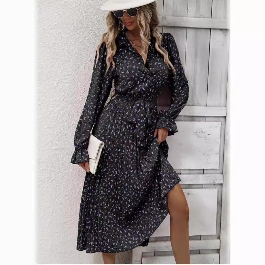 

QICED Осенне-зимнее женское модное кружевное плиссированное свободное платье с длинными рукавами для женщин XL чёрный