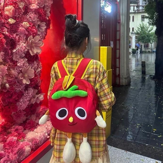 Canvas Cartoon Tomato Plush Backpack With Fun Cartoon Pattern Students For