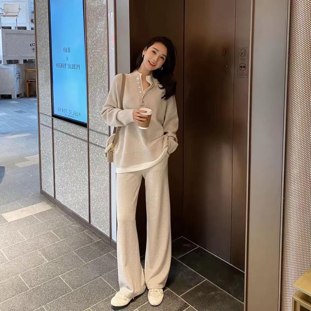 Women Autumn Sweater Suits Pullover with Knitted Wide Leg Pants Two Piece Sets Tracksuits Ladies Outfits Winter Clothes