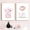 Fashion Eyelashes Lipstick Makeup Wall Art Canvas Painting Posters Rose Gold Girls Gifts Wall Decor Prints Hello Gorgeous Sign