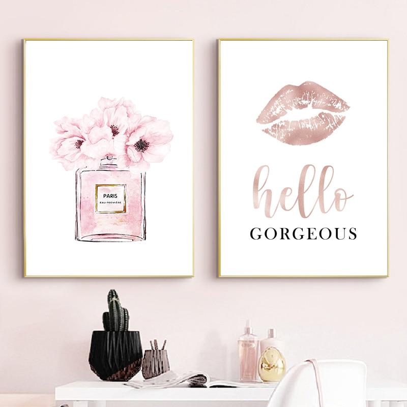 Fashion Eyelashes Lipstick Makeup Wall Art Canvas Painting Posters Rose Gold Girls Gifts Wall Decor Prints Hello Gorgeous Sign