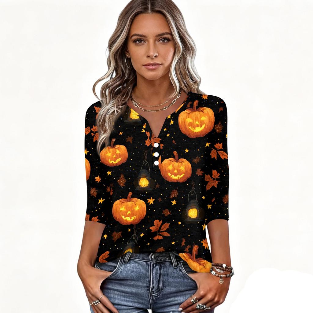 Women's Casual Halloween Print V Neck Button Front Three Quarter Sleeve T Shirt Top Lightweight Comfortable Fall Shirt
