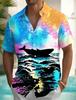 Herren Hemd mit Galaxie Wald Hirsch Print Kurzarm, Lässiges Bohemian Button-Down Hemd für den Sommerurlaub