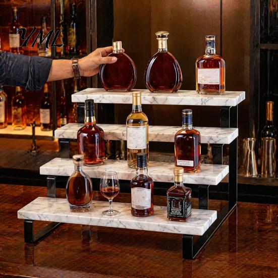 Countertop Bottle Display Holder Liquor Shelf, Coffee Syrup Rack Organizer, 3 Step Wine Collection Stand for Mini Bar Cabinet, Home Retro Shelf