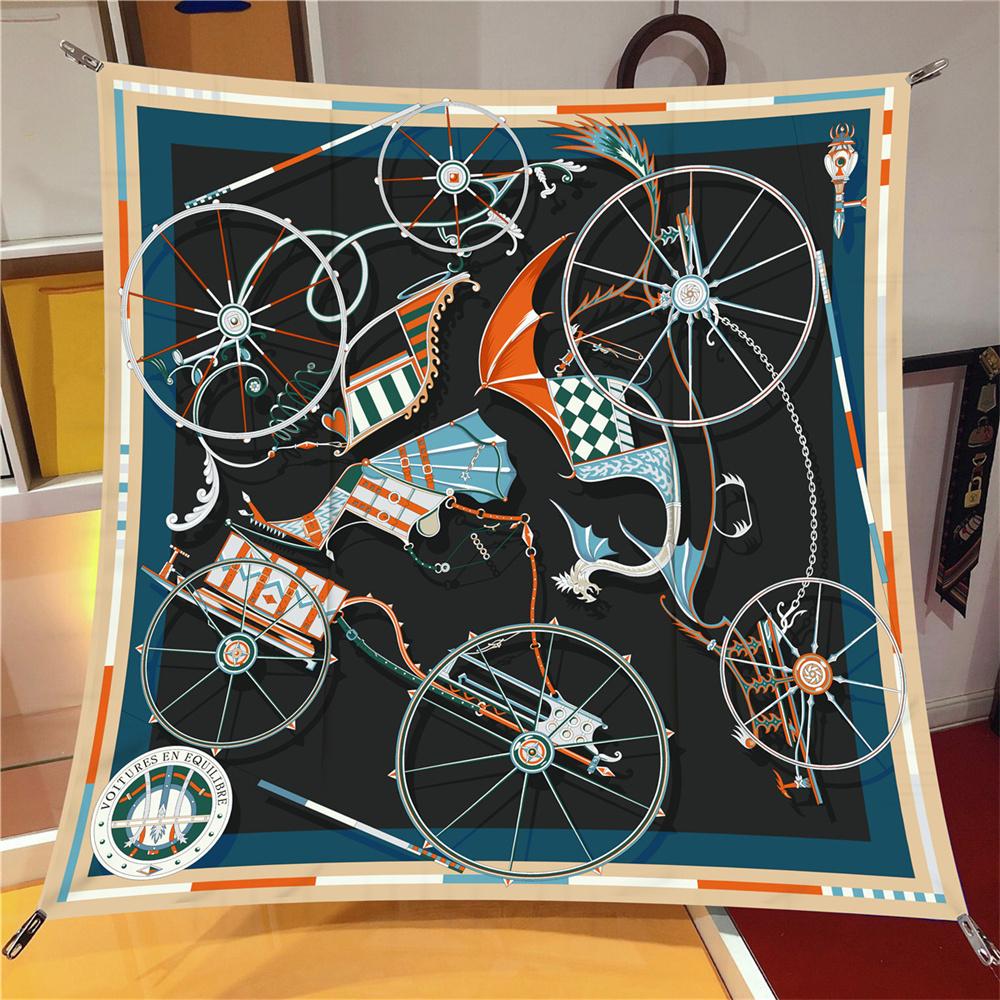 Silk Scarf Women Carriage Wheel Print Square Scarves Head Echarpes Silk Foulards Femme Wraps Beach Shawl Bandana Lady Hijab 90CM
