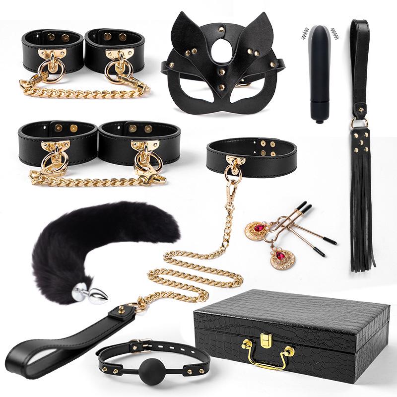 Genuine Leather SM Kit: 10-Piece Set with Paddle, Collar, Leash, Handcuffs, Tail Butt Plug, and More.