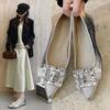 2025 European and American new fashion versatile square buckle rhinestone light mouth pointed head silver sandals bag head flat sole shoes women