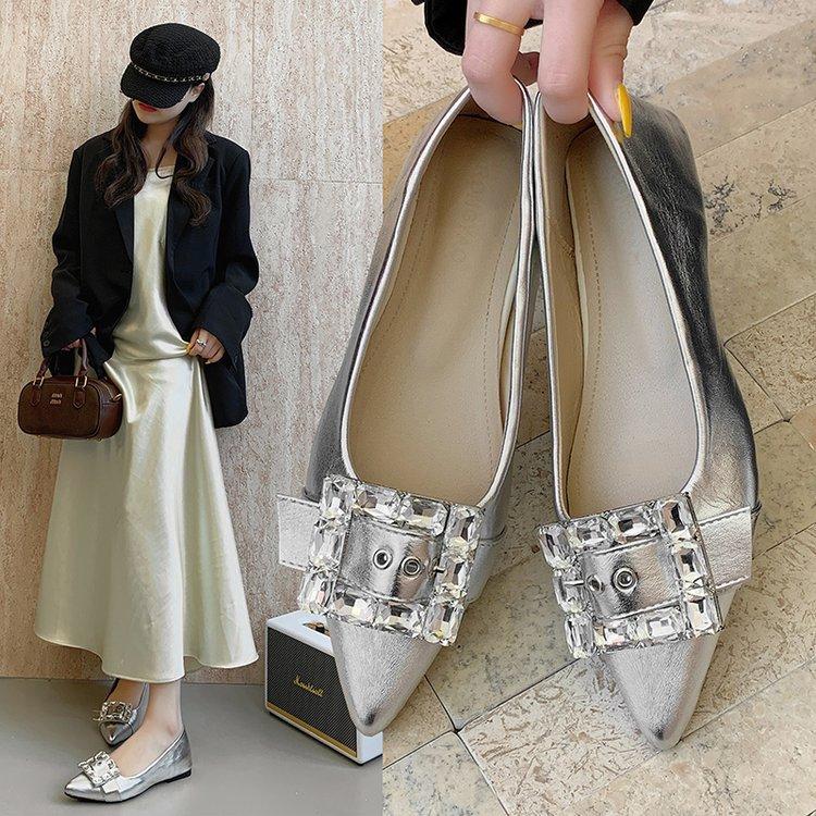 2025 European and American new fashion versatile square buckle rhinestone light mouth pointed head silver sandals bag head flat sole shoes women