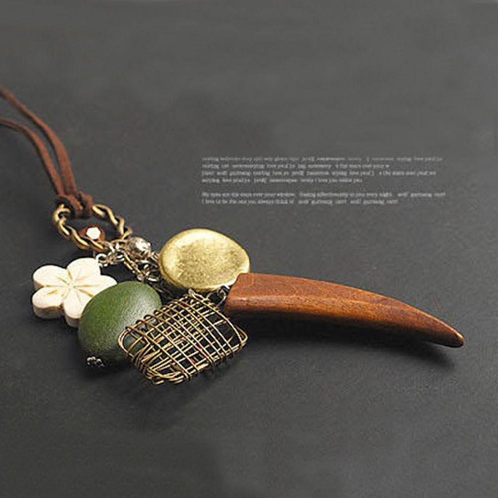 

Women Fashion Wood Horn Brown Nest Long Faux Leather Rope Necklace Pendants Flower Sweater Chain