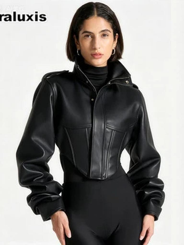 Nuova Giacca Corta da Donna in Pelle Classica con Collo Rialzato e Zip - Vestibilità Slim Vintage Usurata Marrone Caffè