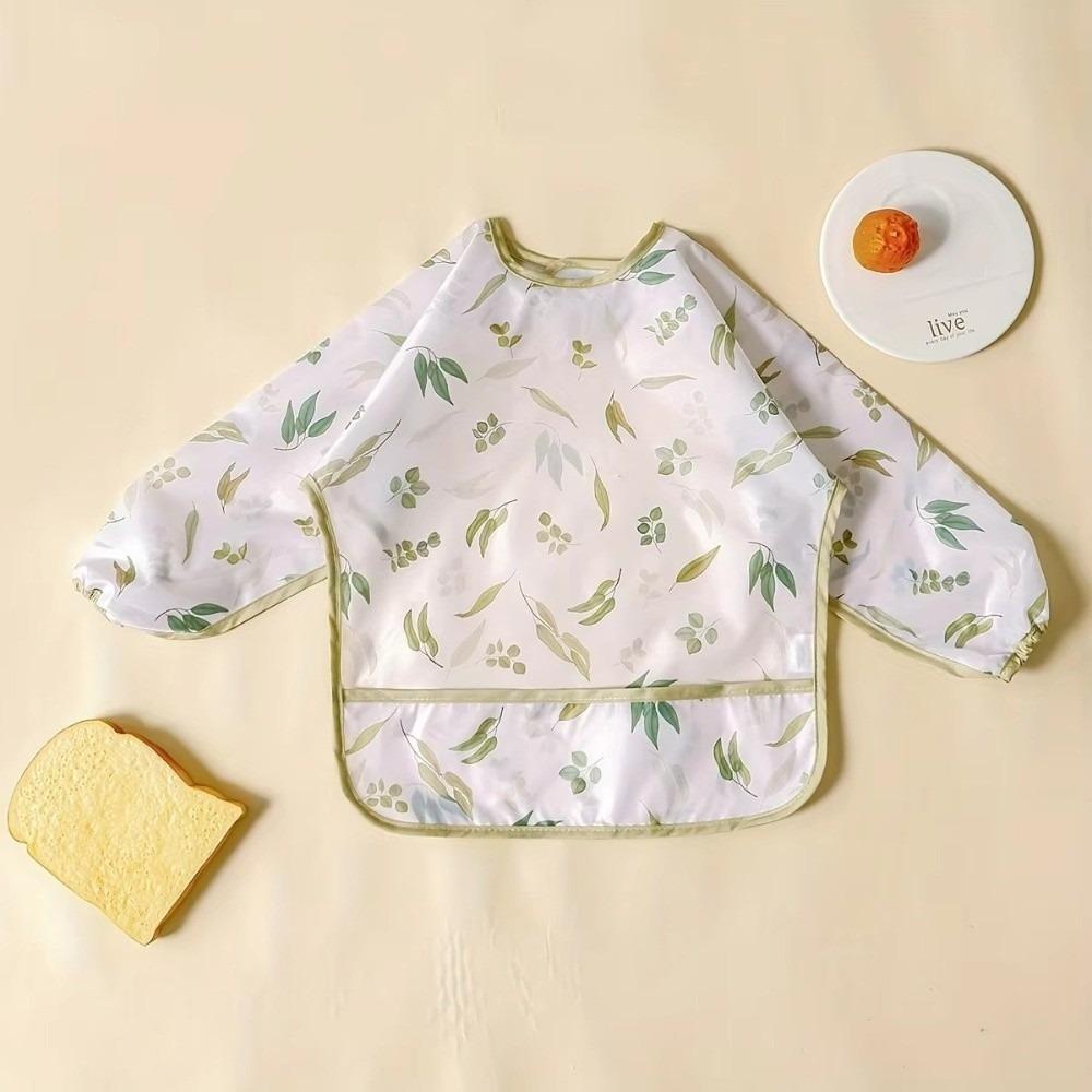 

Washable Feeding Apron Colorful Cartoon Printing Full Body Cover Bibs Drawing Activity Green Leaves