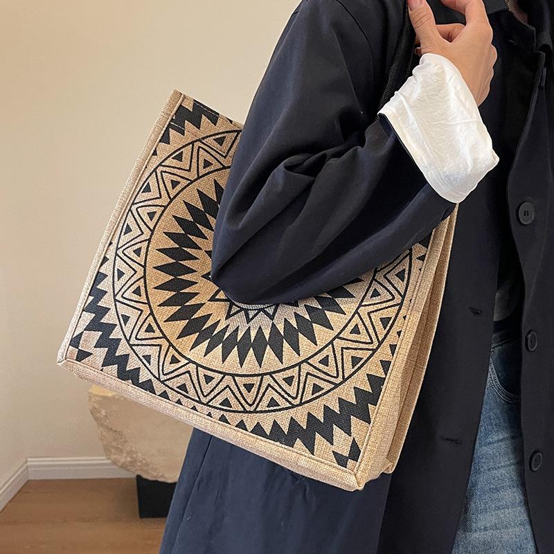 Large Capacity Linen Shoulder Bag for Women's New Ethnic Style Fashion Handbag KTB