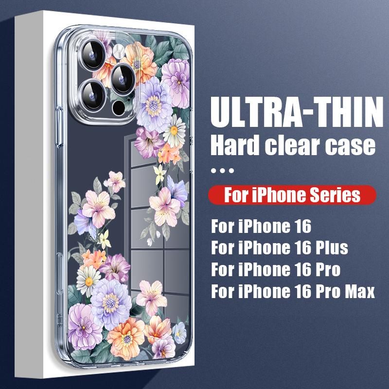 Farbiger Blumendruck, klare, stoßfeste Handyhülle für iPhone 16 Pro Max 15 Pro 14 13 12 11, Hart-PC-Linsenschutz, schlanke, transparente Stoßstangenabdeckung